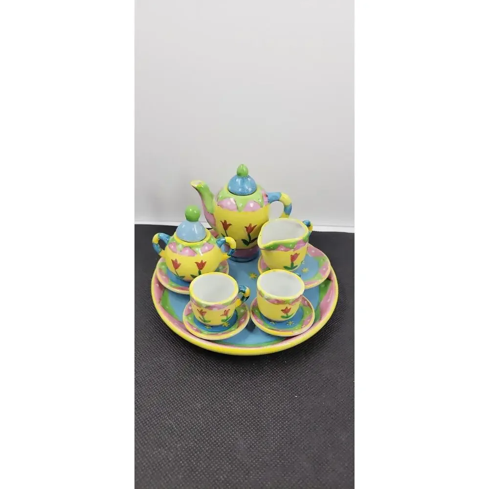 Bella Casa by Ganz Miniature Tea Set w/ Tray Hand Painted Floral Colorful